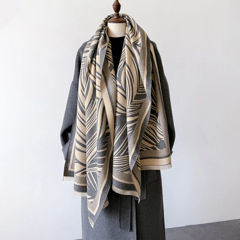Women Faux Cashmere Scarf Shawl Winter Fall Warm Palm Leaf Print Striped Border Fringes Fashion Wrap Elegant Pashmina Scarf