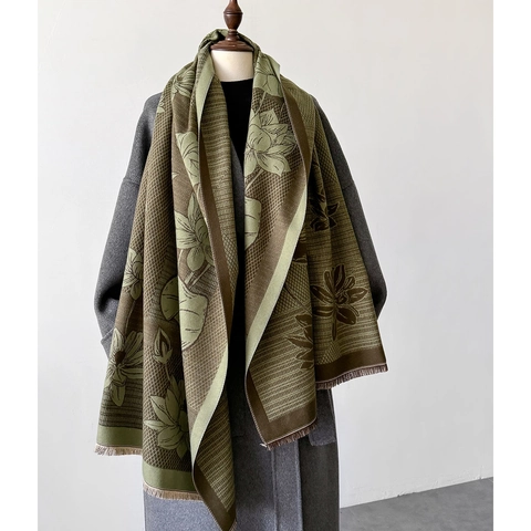 Vintage Lotus Print Imitation Cashmere Scarf Thick Warm Winter Shawl With Fringe Elegant Chinese Style Wrap