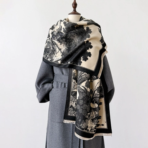 Scarf Shawl Toile De Jouy Landscape Print Faux Cashmere Winter Warm Long Wrap With Tassels For Women Vintage Elegant