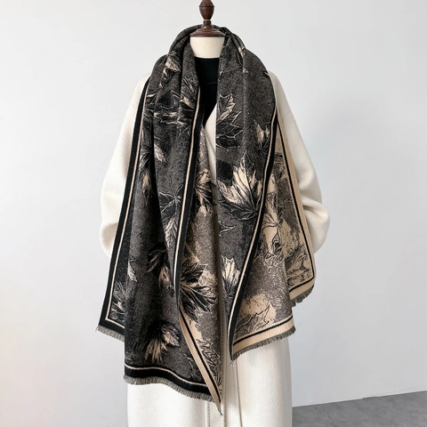 Maple Leaf Pattern Scarf Imitation Cashmere Large Shawl With Tassels Warm Thick Winter Wrap Elegant Fashion Scarf