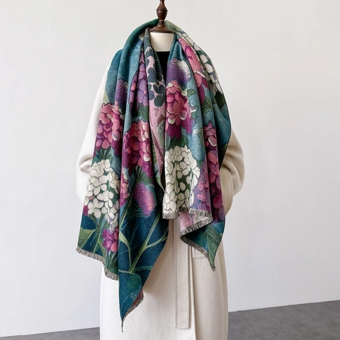 Bufanda Chal Con Estampado Floral De Hortensias Vintage Para Mujer Grueso Cálido Imitación Cachemira Doble Cara Con Flecos