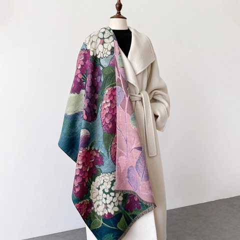 Bufanda Chal Con Estampado Floral De Hortensias Vintage Para Mujer Grueso Cálido Imitación Cachemira Doble Cara Con Flecos