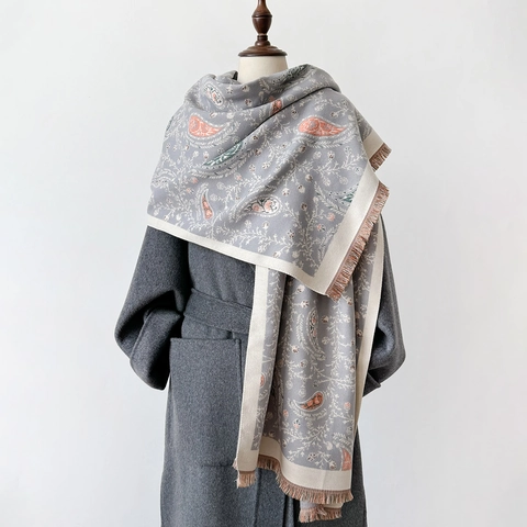 Vintage Paisley Floral Printed Shawl Scarf For Women Faux Cashmere Polyester Winter Warm Long Large Wrap With Tassel