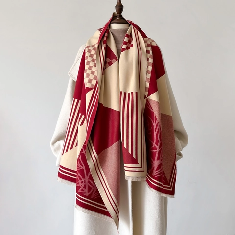 Schal Aus Kaschmirimitat Geometrisches Karo Muster Warm Dick Weich Quasten Elegant Winter Damen Halstuch