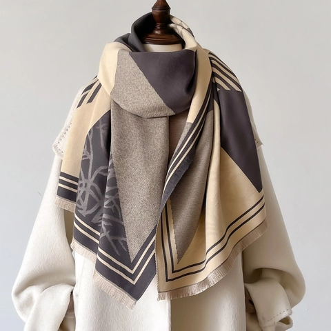 Schal Aus Kaschmirimitat Geometrisches Karo Muster Warm Dick Weich Quasten Elegant Winter Damen Halstuch