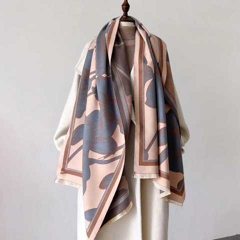 Sciarpa Invernale Con Stampa Floreale Vintage Scialle Spesso Caldo Imitazione Cashmere Morbido Con Nappe Per Donna