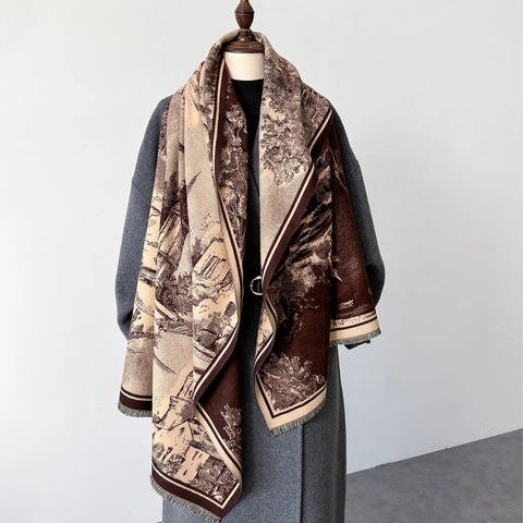 Vintage Ölgemälde Landschaft Druck Schal Schal Warm Kaschmirimitat Mit Quasten Eleganter Winter Wickel Damen