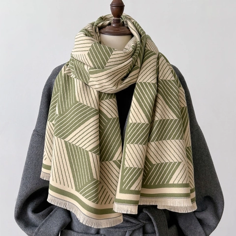 Sciarpa Scialle Invernale Finto Cashmere Caldo Spesso Motivo Geometrico Frange Morbido Moda Elegante Accessori