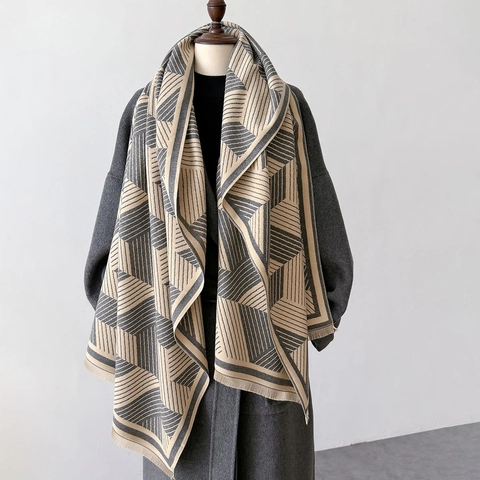 Sciarpa Scialle Invernale Finto Cashmere Caldo Spesso Motivo Geometrico Frange Morbido Moda Elegante Accessori