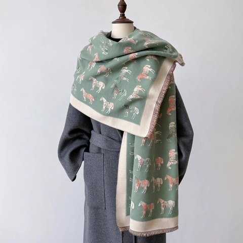 Sciarpa Scialle Invernale Da Donna Imitazione Cashmere Spesso Caldo Doppia Faccia Stampa Cavallo Orlo Con Nappine Stile Retrò