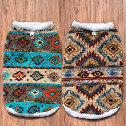 Pet Fleece Vest Warm Tribal Geometric Dog Clothes With Sherpa Collar D-Ring Leash Attachment Winter Cat Apparel