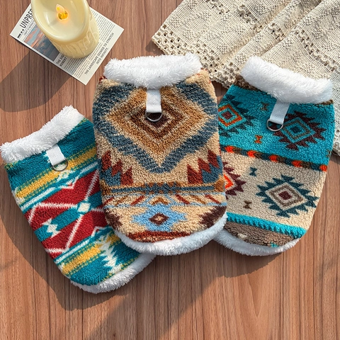 Pet Fleece Vest Warm Tribal Geometric Dog Clothes With Sherpa Collar D-Ring Leash Attachment Winter Cat Apparel