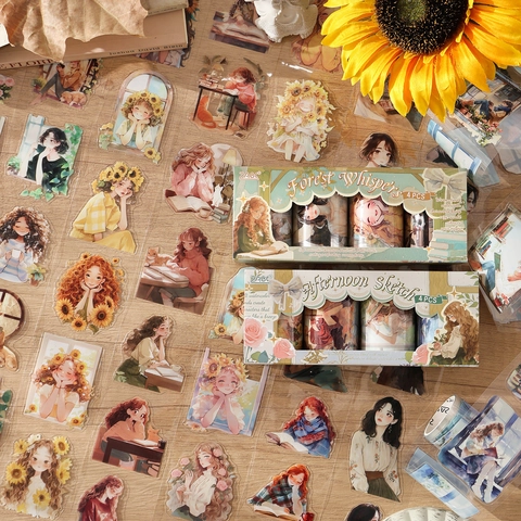 Nastro Decorativo Fustellato PET Adesivi Scrapbooking Impermeabili Illustrazione Acquerello Ragazza Floreale Arte Diario DIY