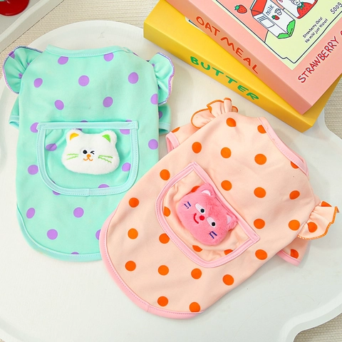 Pet Dog Cat Vest Shirt Polka Dot Ruffle Sleeve Thin Fleece Lining Plush Cat Head Pocket Cute Casual Apparel