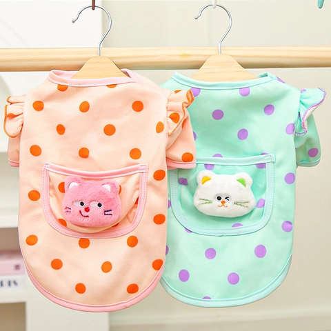Pet Dog Cat Vest Shirt Polka Dot Ruffle Sleeve Thin Fleece Lining Plush Cat Head Pocket Cute Casual Apparel
