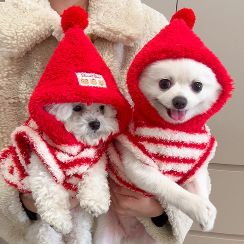 Felpa Con Cappuccio Per Animali Domestici Strisce Rosse Bianche Pile Corallo Vestiti Invernali Caldi Per Piccoli Cani Gatti Cucciolo Gattino Stile Festivo