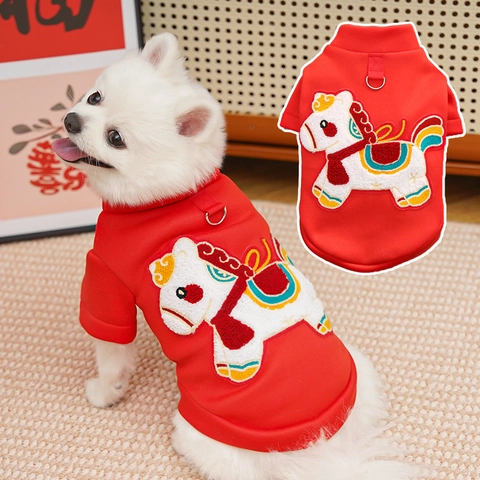 Red Pet New Year Sweatshirt Polyester Fleece Lined Festive Horse Embroidery Metal D-Ring Dogs Cats Traditional Style