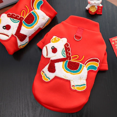 Red Pet New Year Sweatshirt Polyester Fleece Lined Festive Horse Embroidery Metal D-Ring Dogs Cats Traditional Style