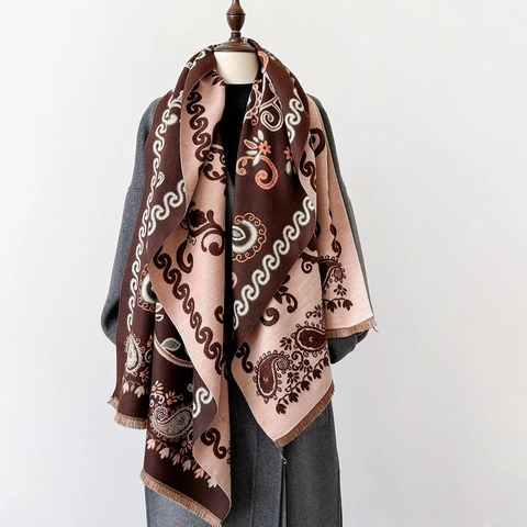 Vintage Paisley Jacquard Scarf For Women Winter Thick Warm Faux Cashmere Shawl Double Sided Floral Scarf With Tassel Fringes
