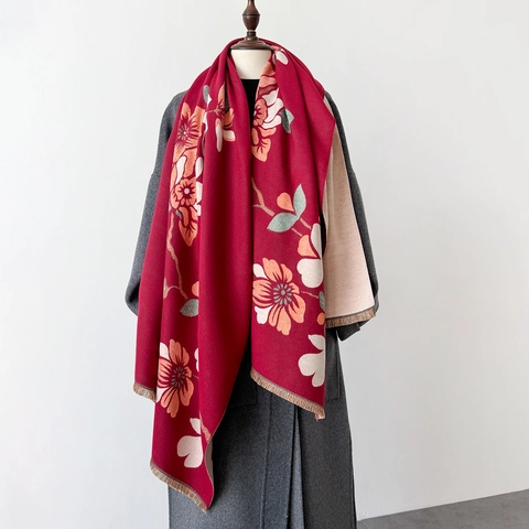 Sciarpa Scialle Invernale Da Donna Imitazione Cashmere Poliestere Stampa Floreale Spessa Calda Elegante Reversibile Frange