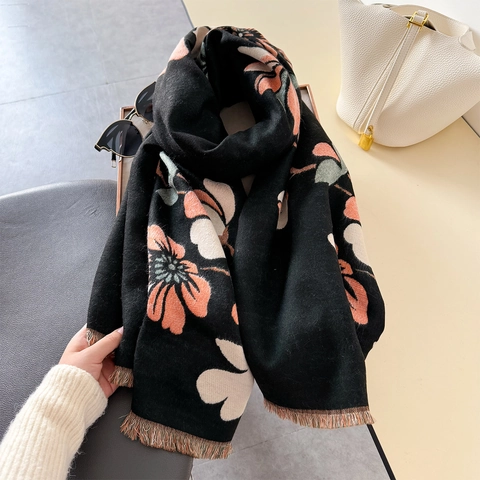 Sciarpa Scialle Invernale Da Donna Imitazione Cashmere Poliestere Stampa Floreale Spessa Calda Elegante Reversibile Frange