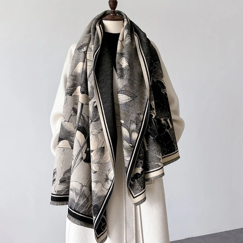 Sciarpa Scialle Con Stampa Di Fiori Di Loto Imitazione Cashmere Caldo Nappa Grande Elegante Stile Cinese Vintage Per Donna