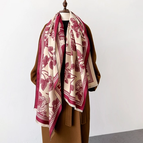 Women Winter Scarf Shawl Thick Warm Faux Cashmere Polyester Rose Floral Houndstooth Print Tassels Elegant Wrap