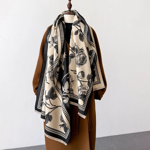 Women Winter Scarf Shawl Thick Warm Faux Cashmere Polyester Rose Floral Houndstooth Print Tassels Elegant Wrap