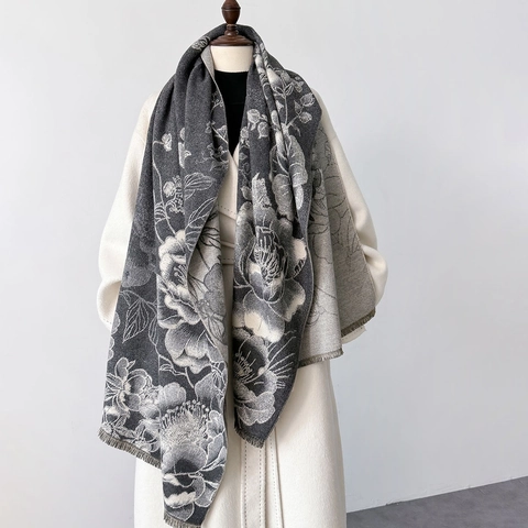 Vintage Floral Print Imitation Cashmere Scarf Large Shawl For Women Winter Warm Jacquard Pashmina With Tassels Elegant Wrap