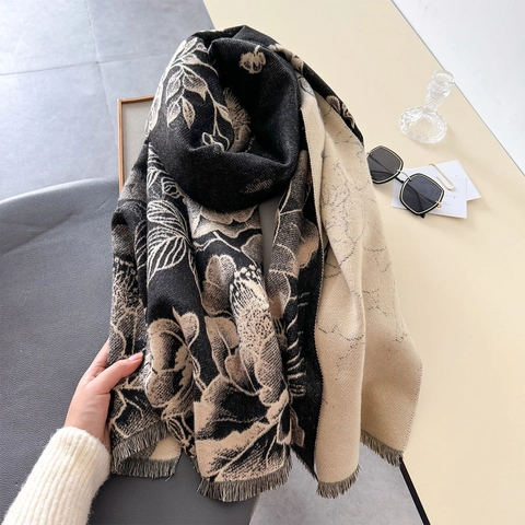 Vintage Floral Print Imitation Cashmere Scarf Large Shawl For Women Winter Warm Jacquard Pashmina With Tassels Elegant Wrap
