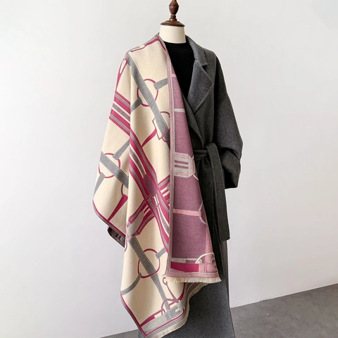 Women Winter Scarf Shawl Imitation Cashmere Thick Warm Double Sided Equestrian Horse Bit Pattern Tassels Long Pashmina