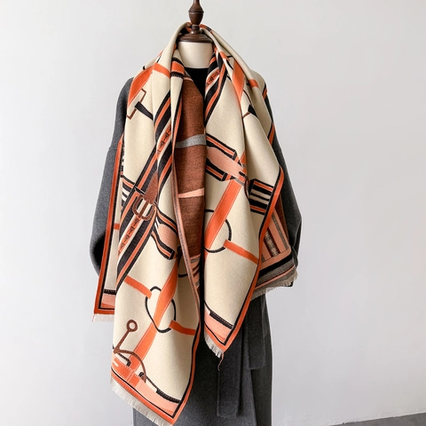 Women Winter Scarf Shawl Imitation Cashmere Thick Warm Double Sided Equestrian Horse Bit Pattern Tassels Long Pashmina