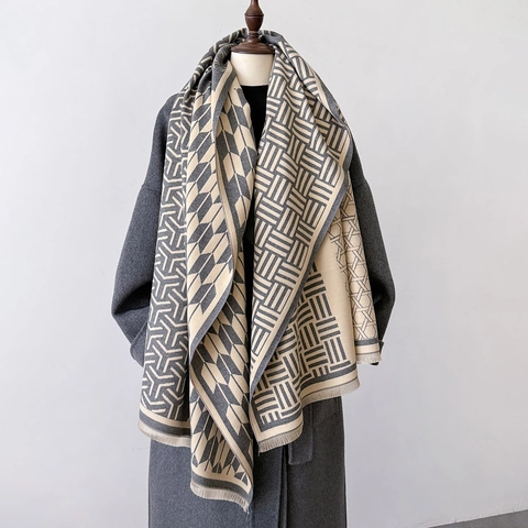 Sciarpa In Finta Cashmere Con Jacquard Geometrico Scialle Caldo Spesso Reversibile Per Donna Moda Con Nappine