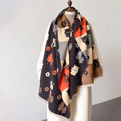 Sciarpa Da Donna In Imitazione Cashmere Inverno Caldo Motivo Gatto Cartone Animato Blocchi Di Colore Nappine Scialle Lungo