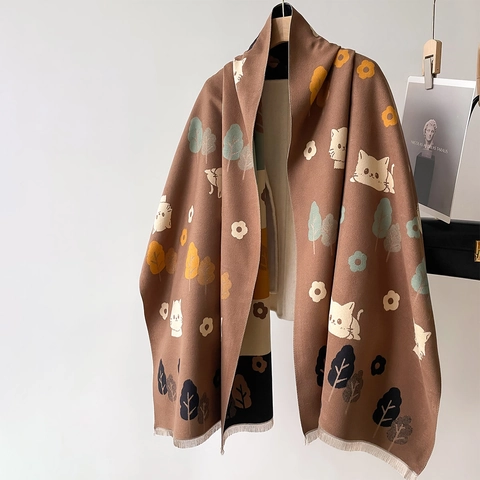 Sciarpa Da Donna In Imitazione Cashmere Inverno Caldo Motivo Gatto Cartone Animato Blocchi Di Colore Nappine Scialle Lungo
