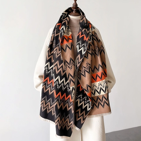 Sciarpa Invernale Geometrica Zigzag Donna Imitazione Cashmere Spessa Calda Scialle Lungo Con Nappe Frange Doppio Lato Moda