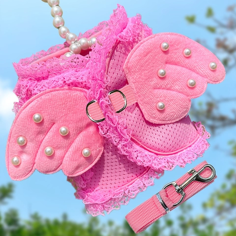 Pet Harness Leash Breathable Mesh Polyester Lace Artificial Pearl Angel Wings Princess Style Small Dogs Cats Cute