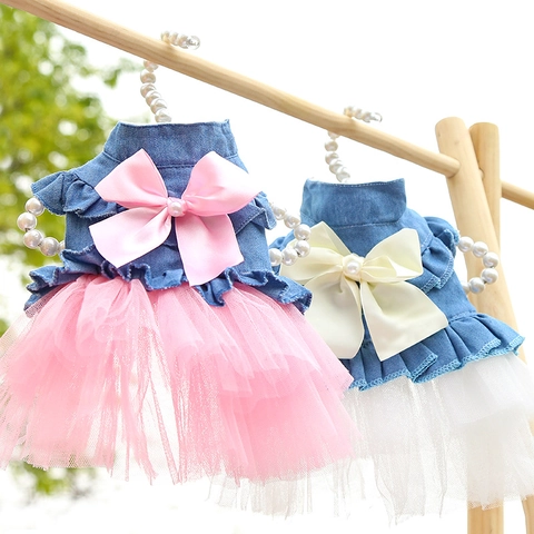 Pet Denim Mesh Tutu Dress Ruffle Princess Skirt With Satin Bow Faux Artificial Pearl For Small Dogs Cats Puppy Kitten Summer Clothes