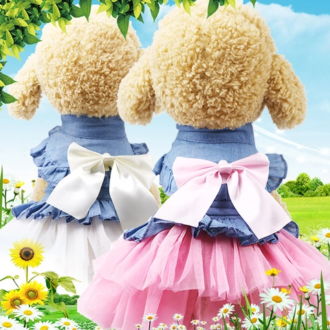 Pet Denim Mesh Tutu Dress Ruffle Princess Skirt With Satin Bow Faux Artificial Pearl For Small Dogs Cats Puppy Kitten Summer Clothes