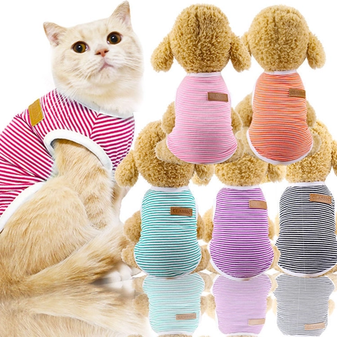 Chaleco De Algodón A Rayas Para Mascotas Camiseta Sin Mangas Transpirable Etiqueta De Cuero Para Perros Pequeños Y Gatos