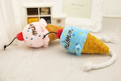 Ice Cream Cone Squeaky Pet Plush Toy With Cotton Rope For Dog Cat Interactive Chew Teeth Cleaning Soft Novelty