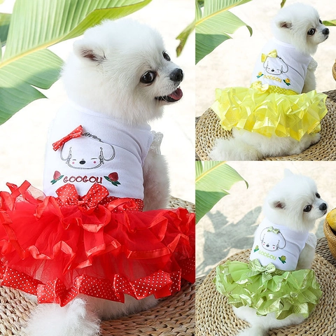 Haustier Kleid Baumwolle Netz Welpen Tutu Rock Cartoon Hundedruck Punkt Bogen Spitze Ärmel Sommer Kleidung Hund Katze