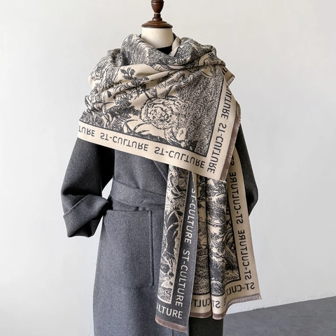 Winter Scarf Shawl Faux Cashmere Warm Thick Retro Toile De Jouy Print Lion Landscape Tassel For Women