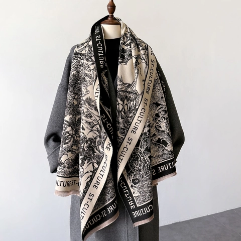 Winter Scarf Shawl Faux Cashmere Warm Thick Retro Toile De Jouy Print Lion Landscape Tassel For Women