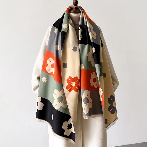 Sciarpa Con Stampa Floreale Vintage Da Donna Imitazione Cashmere Lungo Scialle Invernale Caldo Con Frange