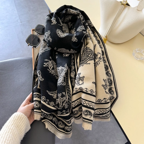 Vintage Paisley Jacquard Scarf Thick Warm Imitation Cashmere Shawl With Tassels Nautical Pattern Retro Wrap For Women