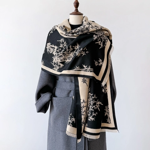 Vintage Chinese Style Bamboo Print Imitation Cashmere Scarf Large Soft Warm Winter Shawl Wrap Patchwork Tassel Outerwear For Women