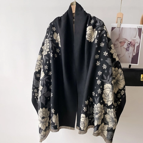 Scialle Invernale Vintage Con Stampa Floreale Sciarpa Jacquard Reversibile Imitazione Cashmere Caldo Con Frange Per Donne