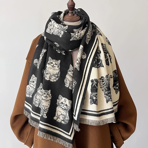 Sciarpa Invernale Scialle Carino Motivo Gatto Finto Cashmere Doppia Faccia Caldo Morbido Nappe Moda Autunno Accessorio