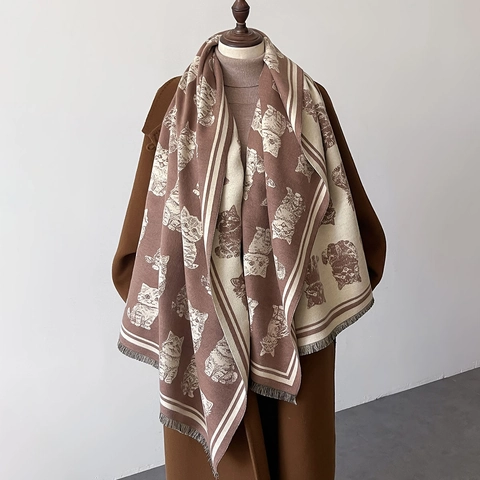 Sciarpa Invernale Scialle Carino Motivo Gatto Finto Cashmere Doppia Faccia Caldo Morbido Nappe Moda Autunno Accessorio